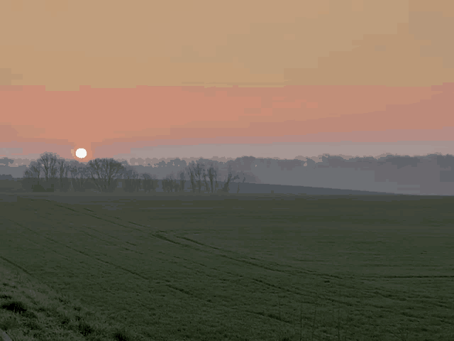 the sun is setting over a grassy field with trees in the background