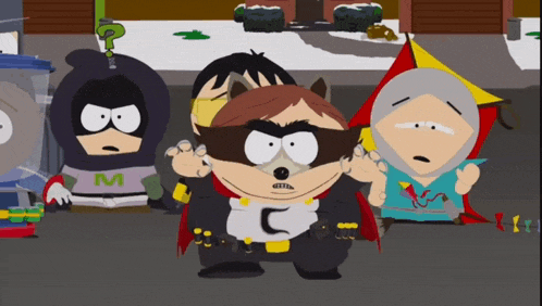 a group of cartoon characters with one wearing a mask with the letter m on his shirt