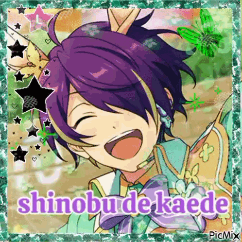 a picture of shinobu de kaede with purple hair and a green background