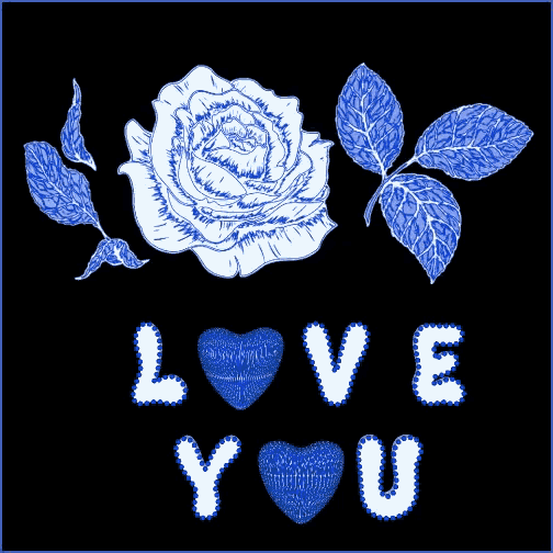 a blue rose with leaves and the words love you in white letters