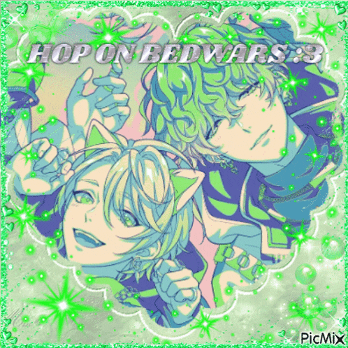 a picture of two anime characters with the words hop on bed wars written above them