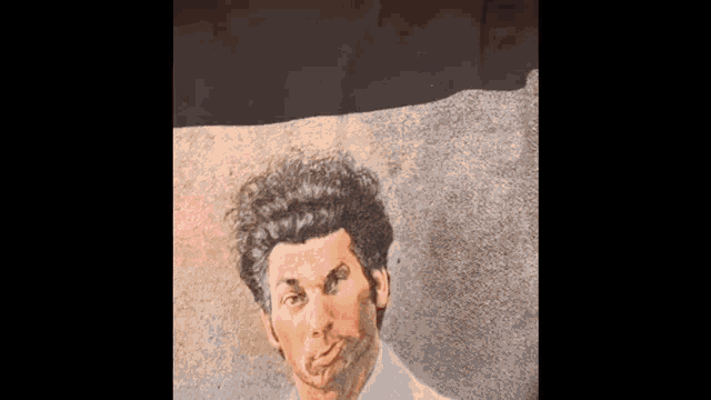 a close up of a painting of a man making a funny face