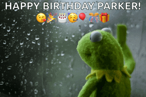 kermit the frog is looking out a window with the words happy birthday parker