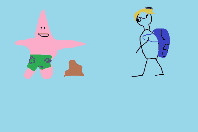 a drawing of patrick star and a man with a blue backpack