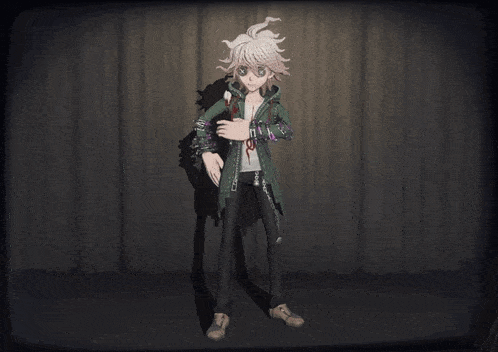 a video game character is pointing a gun at someone