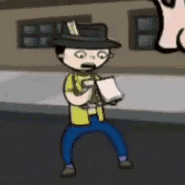 a cartoon character is wearing a hat and holding a clipboard .