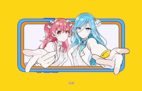 two anime girls are taking a selfie in front of a phone screen