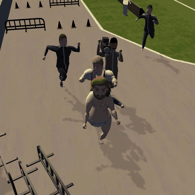 a group of people are running on a track with cones on the ground