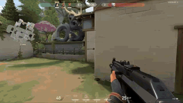 a person is holding a gun in front of a building with a dragon statue in the background ..