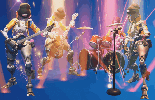 a group of robots are playing guitars and drums on a stage