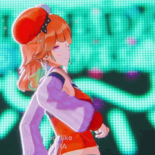 a girl in a red hat is standing in front of a screen that says ' peachlike nara ' on it