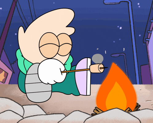 a cartoon character roasting marshmallows over a fire