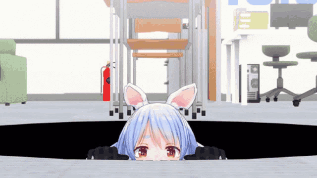 a girl with bunny ears looks out of a hole in the floor