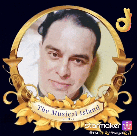 a picture of a man in a gold frame with the words the musical island on it