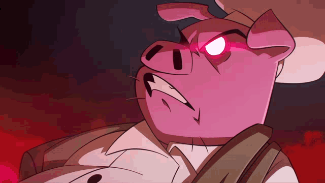 a cartoon drawing of a pig with glowing red eyes