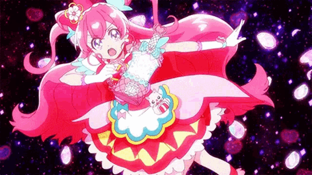 a girl with pink hair and a red dress is flying through the air with a microphone in her hand .