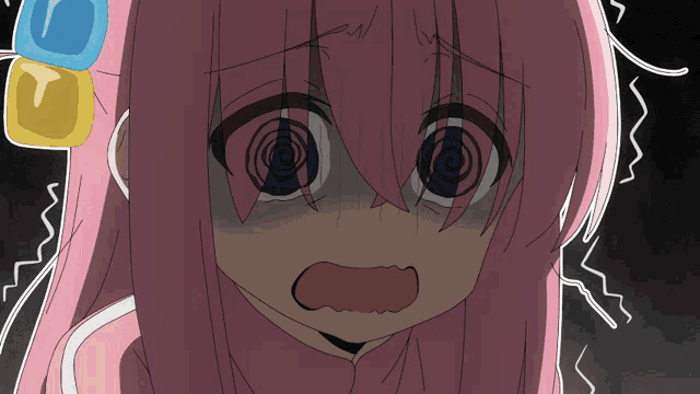 a girl with pink hair has a blue circle in her eyes