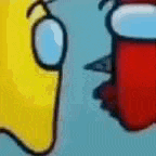 a yellow and red among us character are looking at each other .