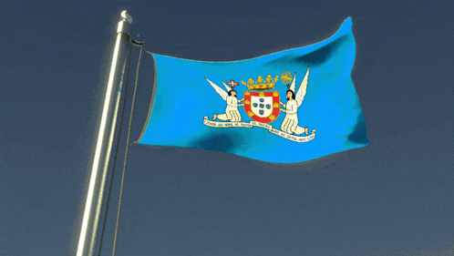 a blue flag with a coat of arms and two angels