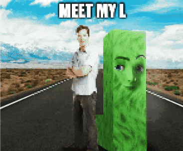 a man standing next to a green block with the words meet my l on the top