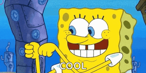 a cartoon of spongebob brushing his teeth with the word cool written below him