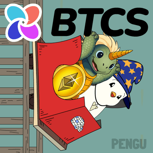 a cartoon of a turtle and a penguin riding a roller coaster with the words btcs on the bottom