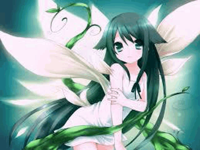 a cute anime girl with long green hair and white wings is sitting on a plant .