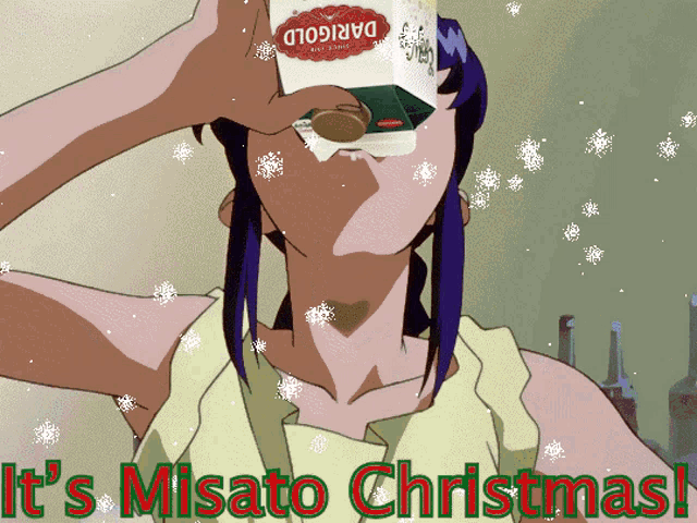 a cartoon of a woman drinking milk with the words it 's misato christmas