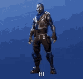 a man in a knight 's outfit is dancing in front of a blue background and says hi .
