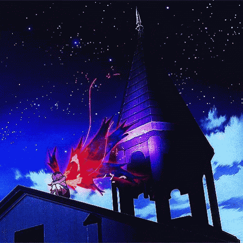 a person is standing on the roof of a building in front of a tower
