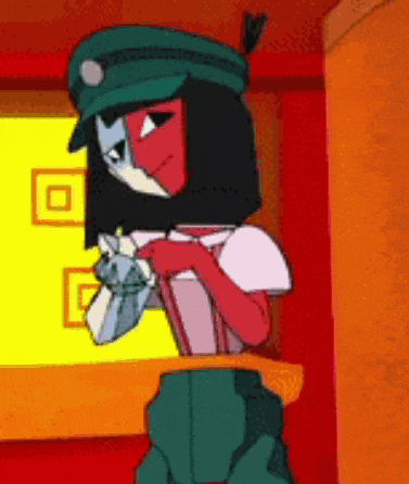 a cartoon character is standing in front of a yellow wall .