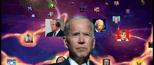 a man in a suit and tie is surrounded by images of other people including donald trump