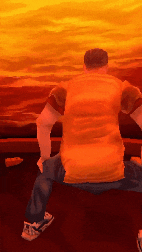 a man in an orange shirt is squatting down in front of an orange sky