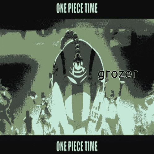 a poster for one piece time shows a group of people standing in a dark room