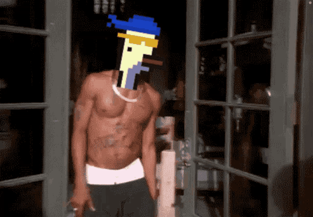 a pixelated image of a shirtless man with a blue hat on his head