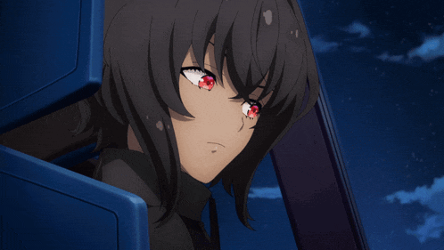 a girl with dark hair and red eyes is looking out of a blue box