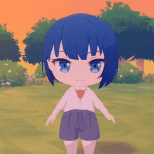 a cartoon character with blue hair and blue eyes stands in a field