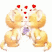 two cats are kissing each other with red hearts above them .