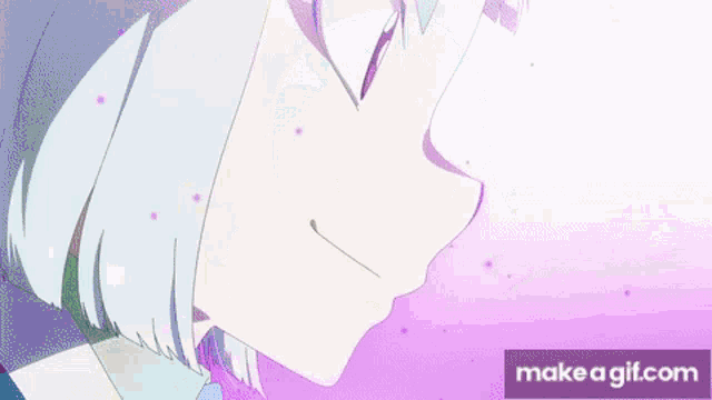 a girl with short white hair is standing in front of a snowy background .