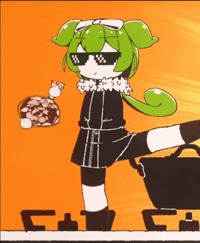 a cartoon character with green hair and sunglasses stands next to a pot of food