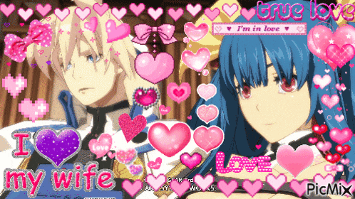 a pixel art of a man and a woman with the words i love my wife surrounded by pink hearts