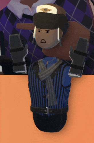a cartoon character wearing a blue striped vest and black gloves is standing on a table
