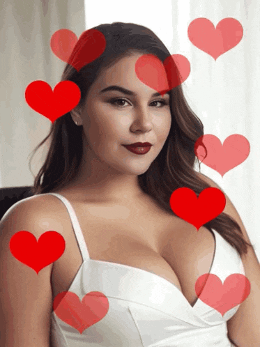 a woman in a white bra with red hearts surrounding her