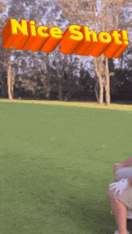 a sign that says nice shot is above a green field