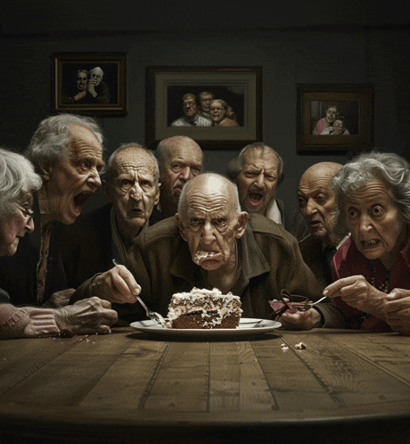 a group of elderly people are sitting around a table eating a cake