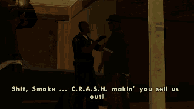 two men in a car with the words shit smoke c.r.a.s.h makin ' you sell us out