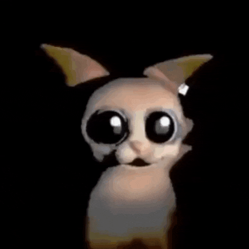 a green cat with big eyes and a smiley face