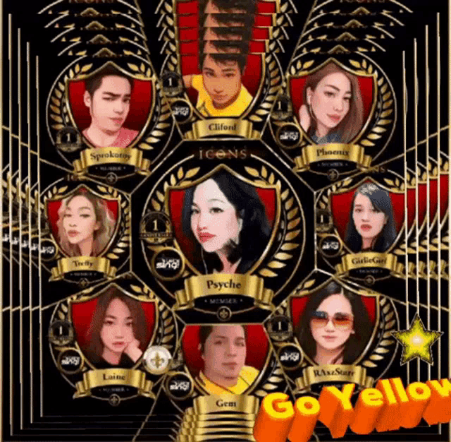 a group of people are displayed on a poster that says go yellow on the bottom