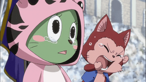 a cartoon cat and a green cat are standing next to each other in the snow