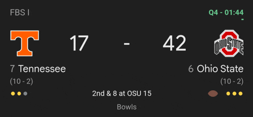 a scoreboard showing tennessee and ohio state teams